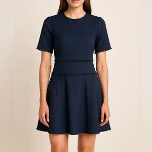 ME+EM Navy Frayed Hem Fit & Flare Dress